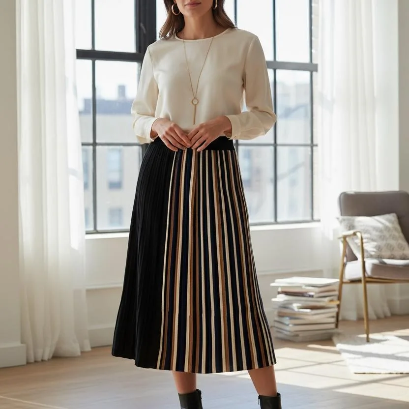 Artisan Pleat Colour-Block Midi Skirt — A pleated midi in black with an asymmetric panel of cream and tan stripes runnin