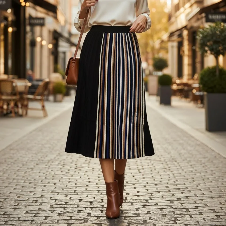 Artisan Pleat Colour-Block Midi Skirt — A pleated midi in black with an asymmetric panel of cream and tan stripes runnin