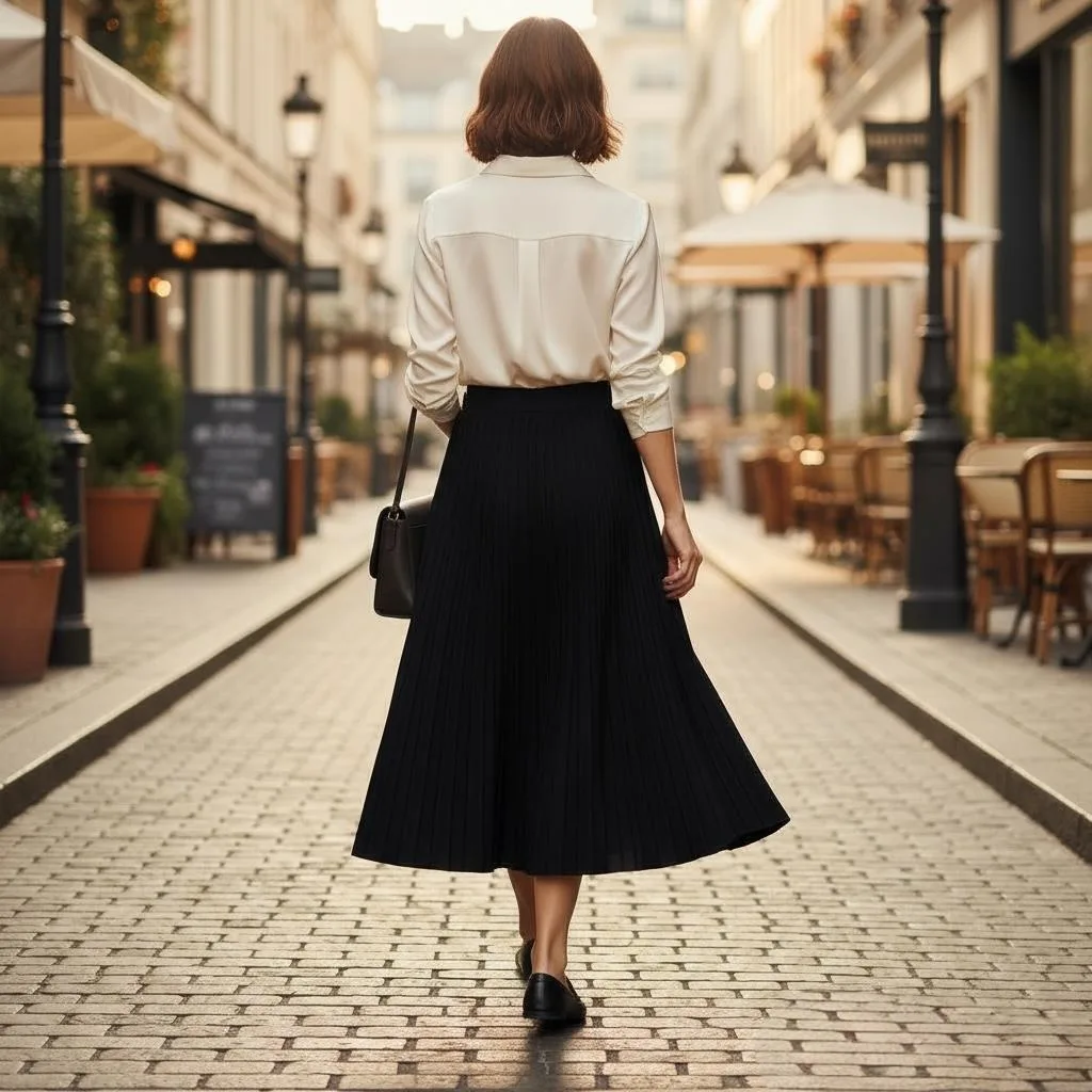 Artisan Pleat Colour-Block Midi Skirt Artisan Pleat Colour-Block Midi Skirt — A pleated midi in black with an asymmetric panel of cream and tan stripes runnin