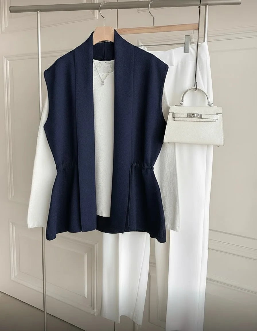 Belted Wrap Knit Vest — A soft knit wrap vest with a wide shawl collar and a self-tie belt, cut to layer over everything