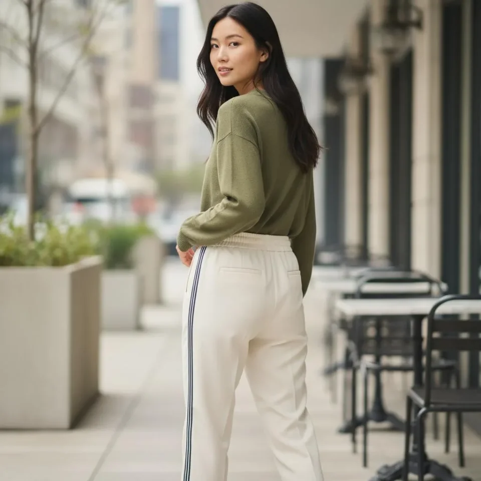 Beaded Side-Stripe Straight-Leg Trousers — Cream straight-leg trousers with a fine beaded stripe running down the outsid