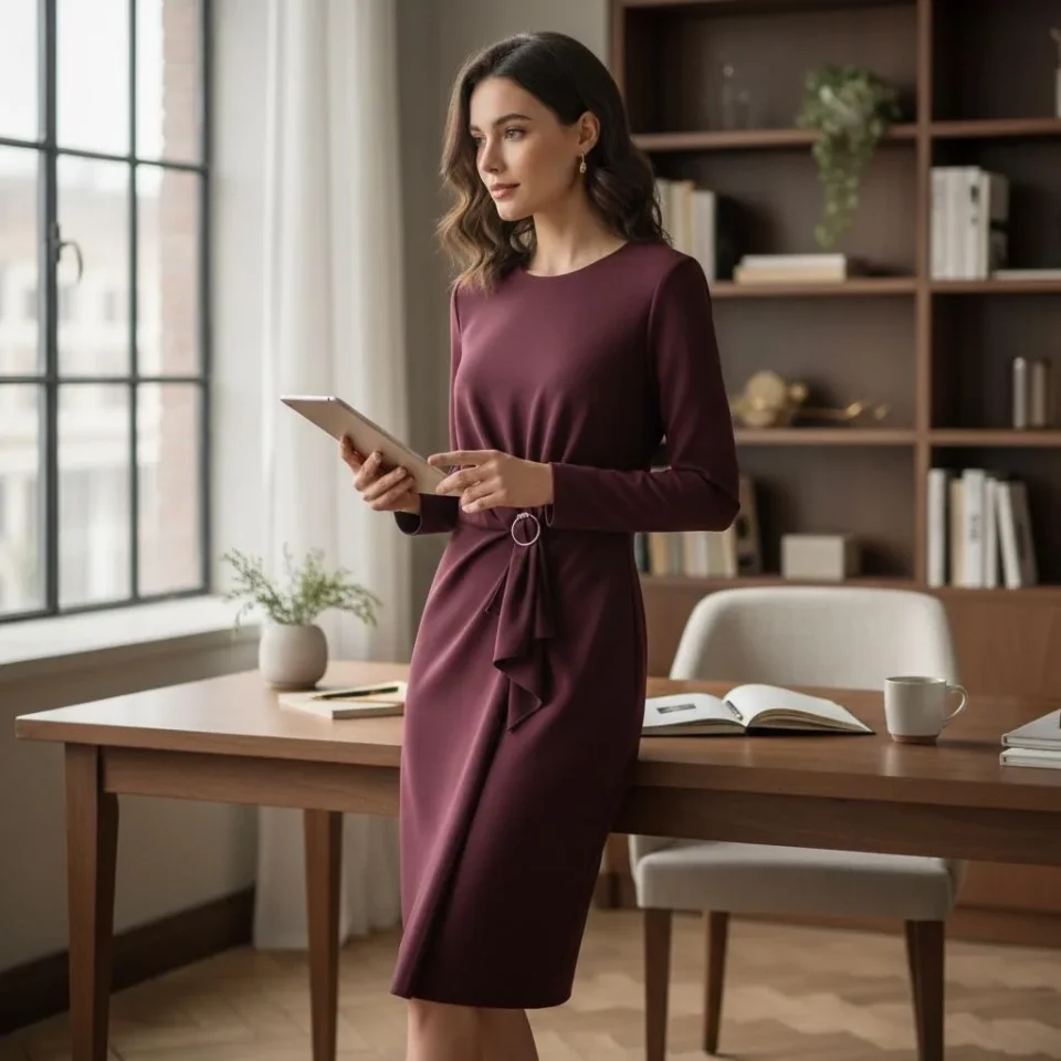 Burgundy Knot Sheath Dress — A wine-red sheath in stretch crepe with a twist-knot at the waist and a hidden back zip. Cu