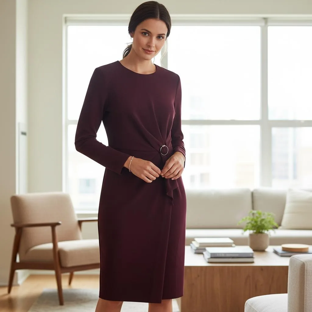 Burgundy Knot Sheath Dress Burgundy Knot Sheath Dress — A wine-red sheath in stretch crepe with a twist-knot at the waist and a hidden back zip. Cu
