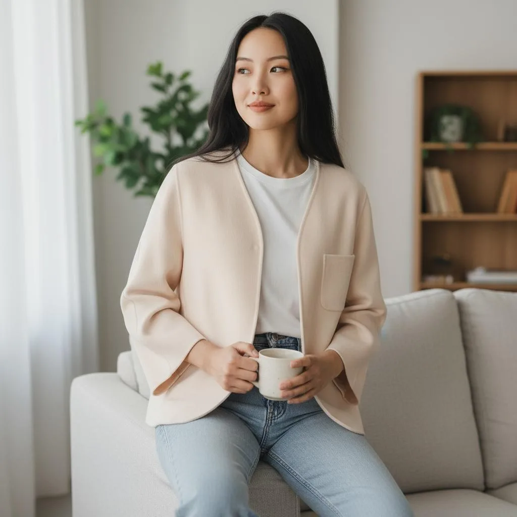 Handmade Knit Blazer Handmade Knit Blazer — A collarless knit blazer in soft cream, handmade in a 70% wool cashmere blend. Chest 42 inches, l