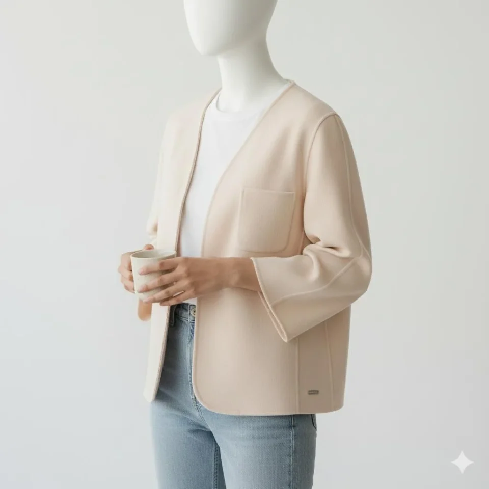 Handmade Knit Blazer — A collarless knit blazer in soft cream, handmade in a 70% wool cashmere blend. Chest 42 inches, l