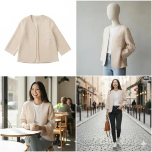 Handmade Knit Blazer — A collarless knit blazer in soft cream, handmade in a 70% wool cashmere blend. Chest 42 inches, l