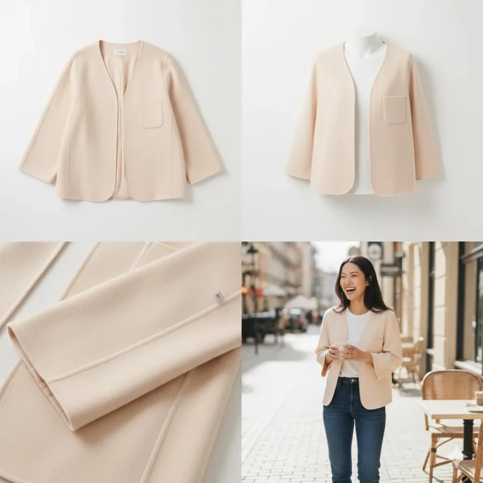 Handmade Knit Blazer — A collarless knit blazer in soft cream, handmade in a 70% wool cashmere blend. Chest 42 inches, l