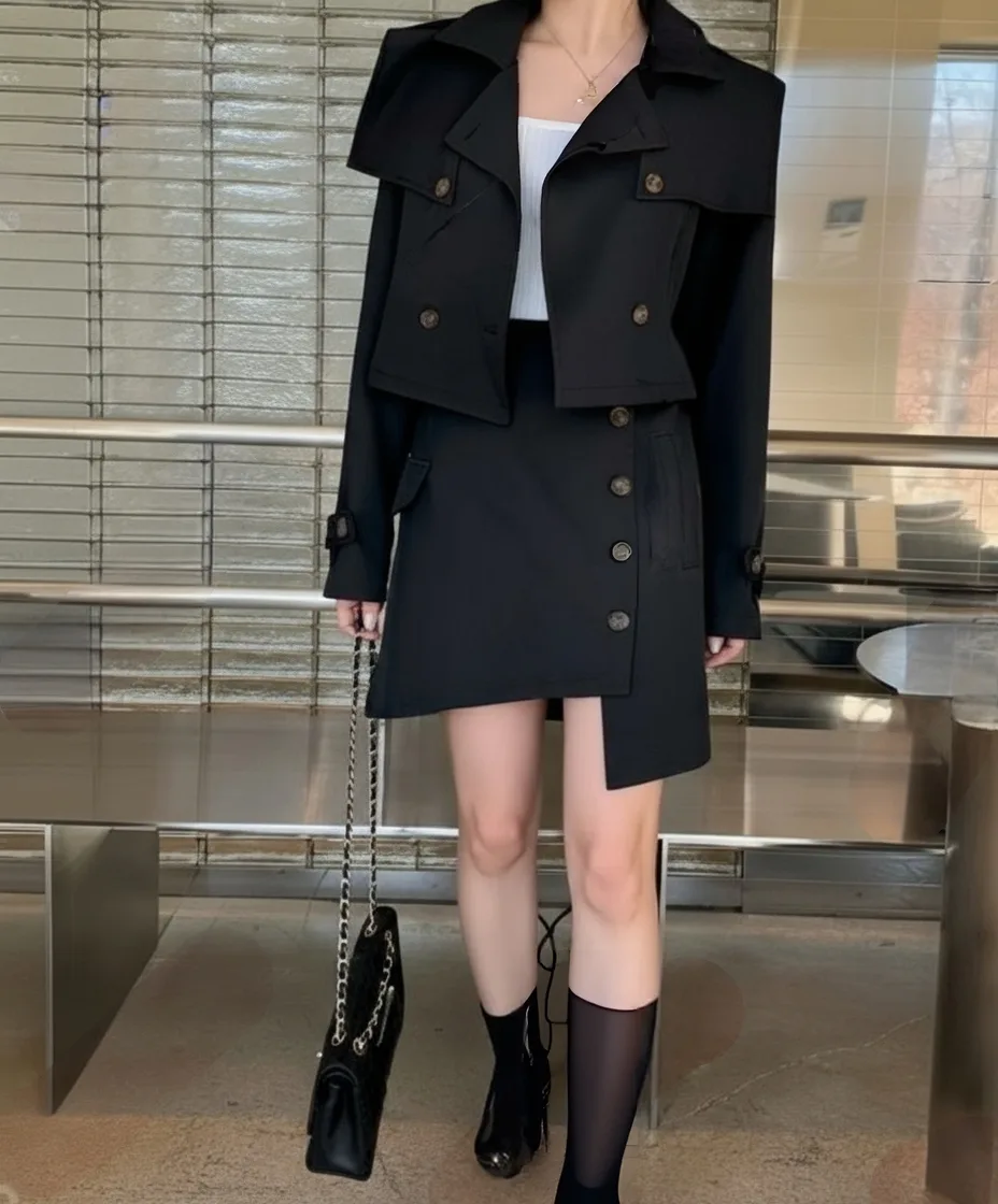 Cropped Trench and Skirt Set Cropped Trench and Skirt Set — A cropped double-breasted trench jacket with a matching asymmetric mini skirt. Black or b