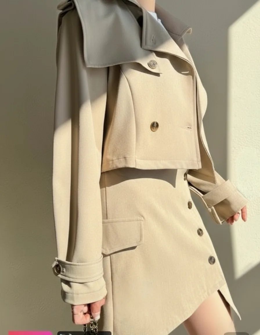 Cropped Trench and Skirt Set Cropped Trench and Skirt Set — A cropped double-breasted trench jacket with a matching asymmetric mini skirt. Black or b
