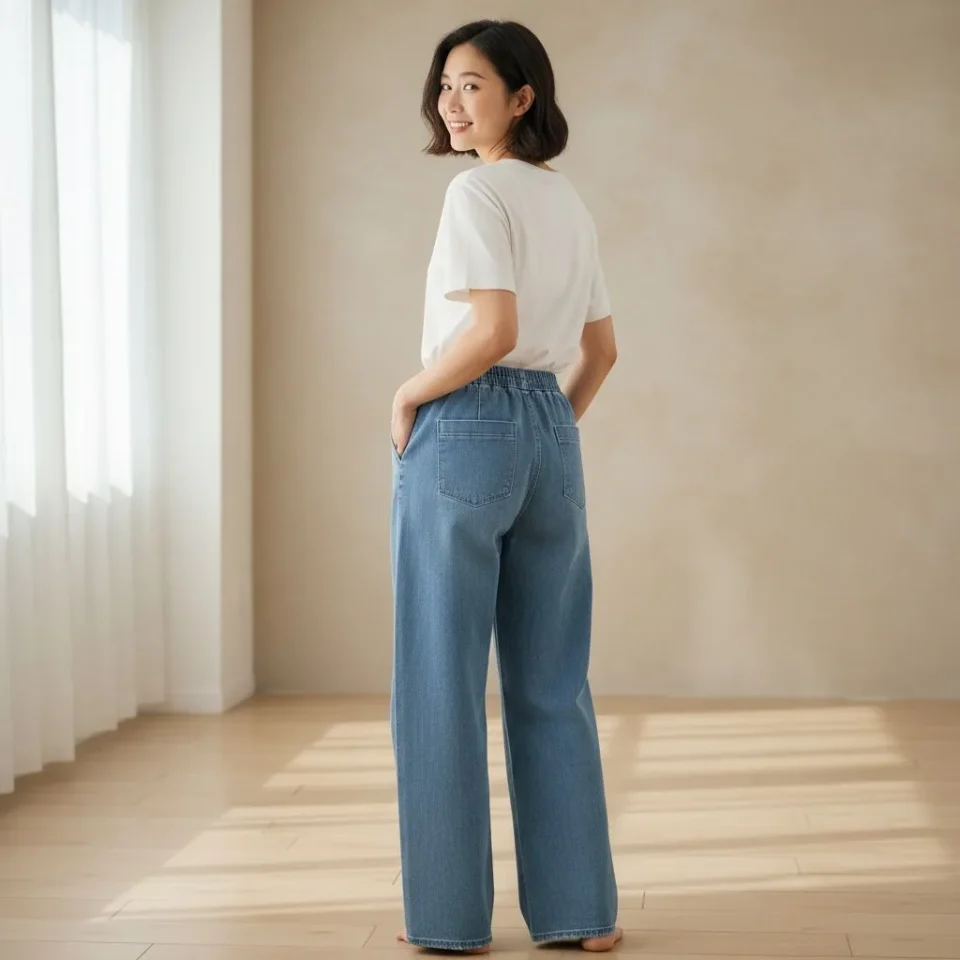 Soft Stretch Wide-Leg Jeans — Wide-leg jeans in an ultra-soft stretch denim with an elastic back waistband fitting 25–32