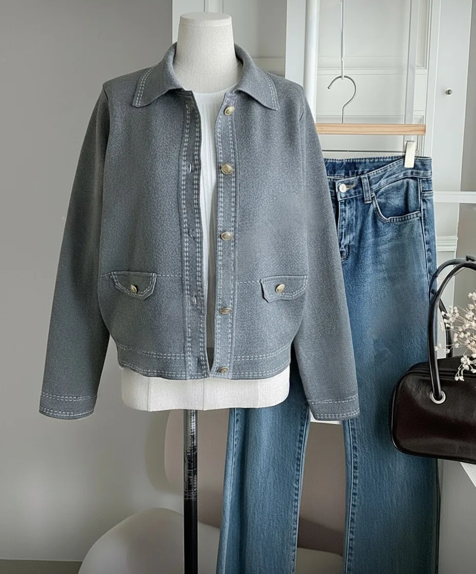 Contrast-Stitch Knit Jacket — A knit jacket with bold contrast stitching, brass-toned buttons and flap pockets. Chest 40