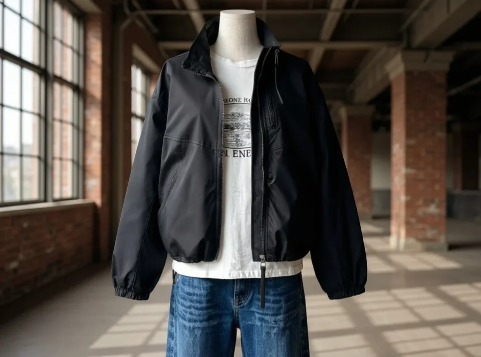 Full-Zip Windbreaker Jacket — A cropped full-zip windbreaker with a stand collar, elasticated cuffs and hem, and zip poc