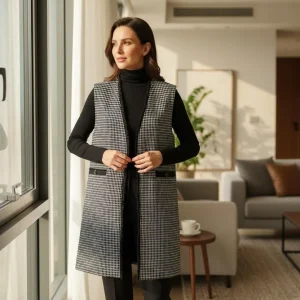 Executive Plaid Long Vest — A longline black and white check vest with fringed edges, ribbon-trimmed pockets and contras