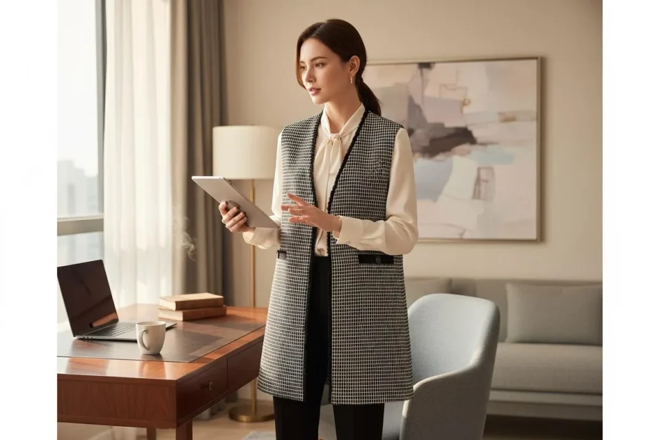 Executive Plaid Long Vest — A longline black and white check vest with fringed edges, ribbon-trimmed pockets and contras