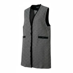 Executive Plaid Long Vest — A longline black and white check vest with fringed edges, ribbon-trimmed pockets and contras