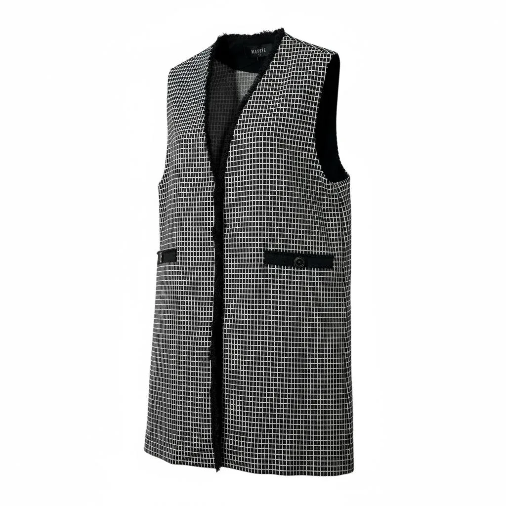 Executive Plaid Long Vest Executive Plaid Long Vest — A longline black and white check vest with fringed edges, ribbon-trimmed pockets and contras