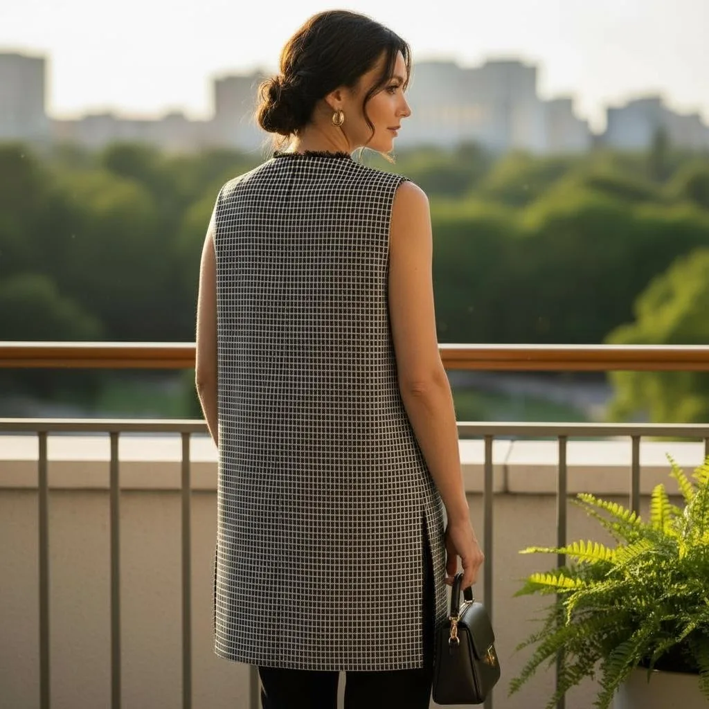 Executive Plaid Long Vest Executive Plaid Long Vest — A longline black and white check vest with fringed edges, ribbon-trimmed pockets and contras