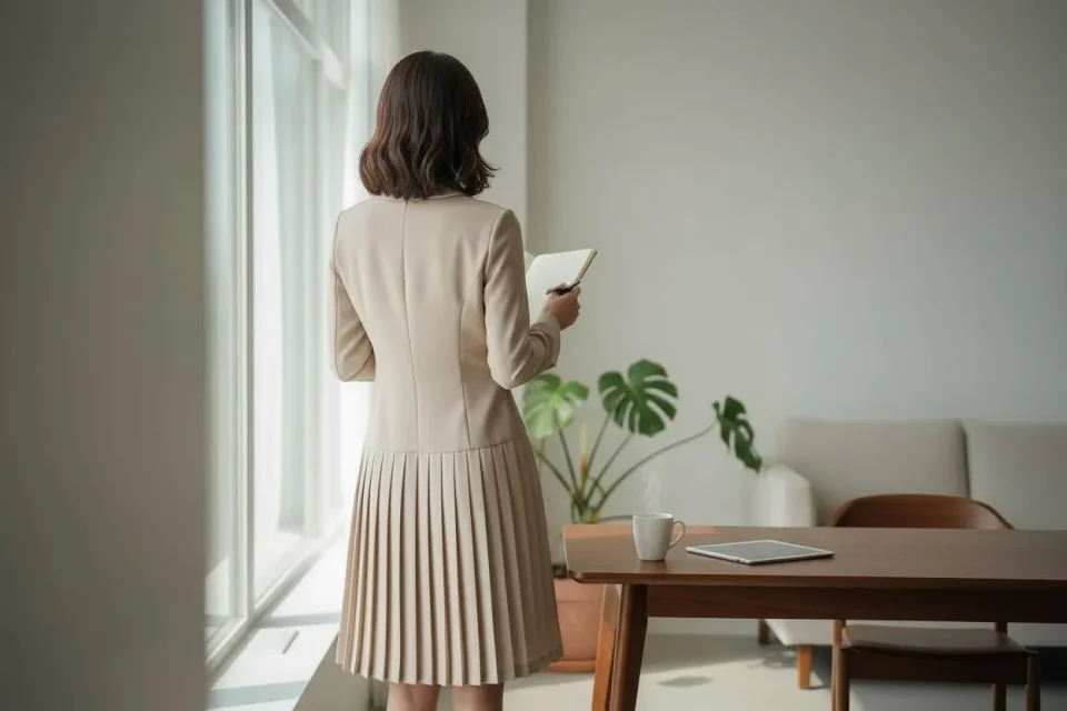 Executive Pleat Trench Dress — A taupe double-breasted blazer top running into a knife-pleated skirt. Wearable as a dres