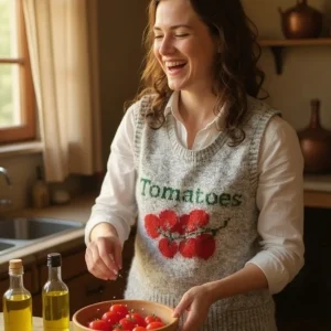 "Tomatoes" Embroidered Knit Vest — A sleeveless knit vest embroidered with cherry tomatoes on the vine and the word Toma