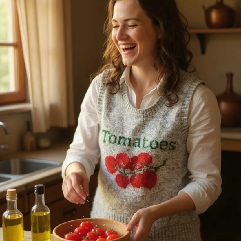 "Tomatoes" Embroidered Knit Vest "Tomatoes" Embroidered Knit Vest — A sleeveless knit vest embroidered with cherry tomatoes on the vine and the word Toma