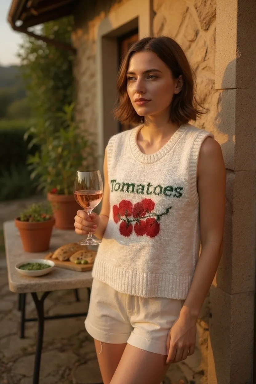 "Tomatoes" Embroidered Knit Vest — A sleeveless knit vest embroidered with cherry tomatoes on the vine and the word Toma