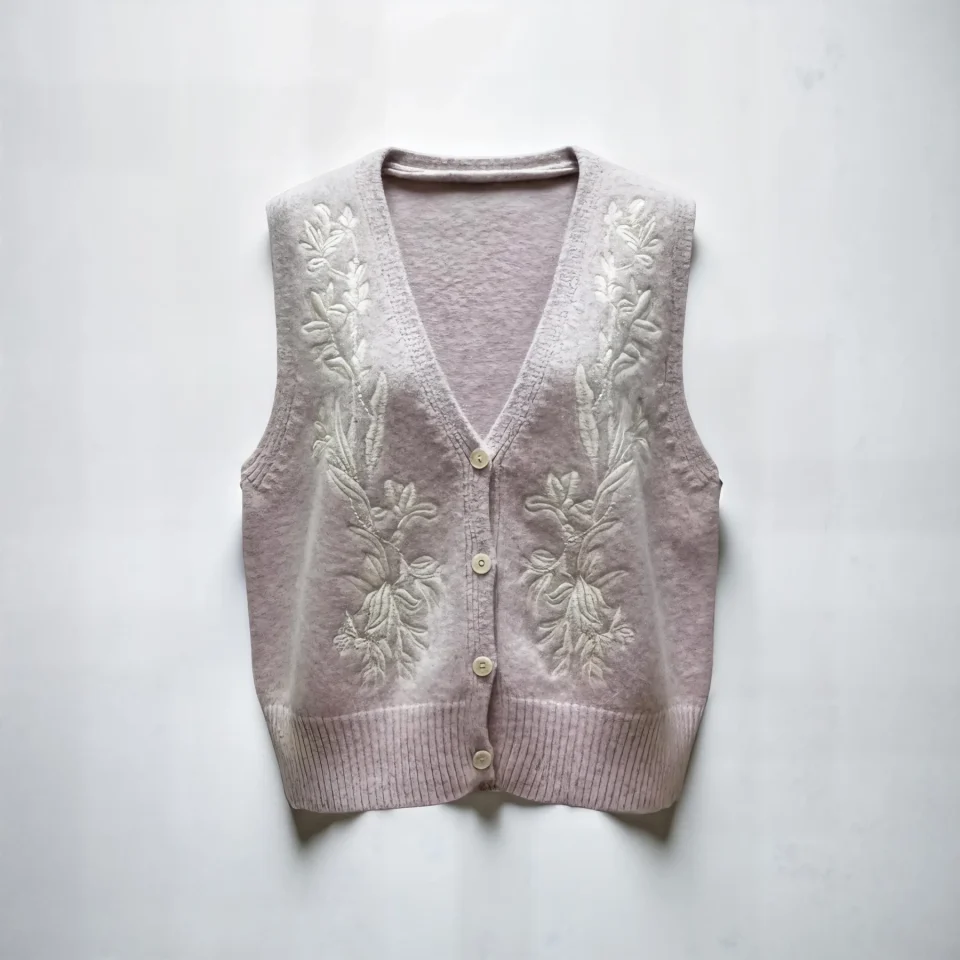 Heirloom Bloom Embroidered Knit Vest — A soft V-neck knit vest with floral embroidery trailing down the front, in heathe