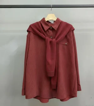 Corduroy Overshirt — A fine-wale corduroy overshirt cut oversized and long. Chest 44 inches, length 26 inches. Taupe or 