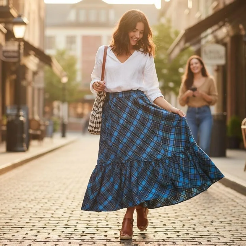 Highland Plaid Tiered Maxi Skirt Highland Plaid Tiered Maxi Skirt — A cerulean, teal and forest plaid maxi in two gathered tiers. Waist 26–30 inches, len