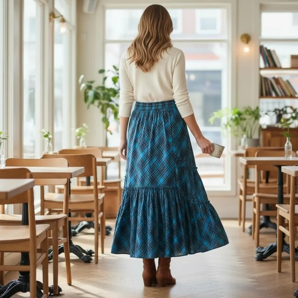 Highland Plaid Tiered Maxi Skirt — A cerulean, teal and forest plaid maxi in two gathered tiers. Waist 26–30 inches, len