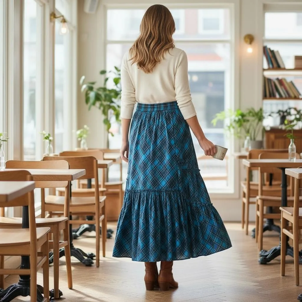 Highland Plaid Tiered Maxi Skirt Highland Plaid Tiered Maxi Skirt — A cerulean, teal and forest plaid maxi in two gathered tiers. Waist 26–30 inches, len