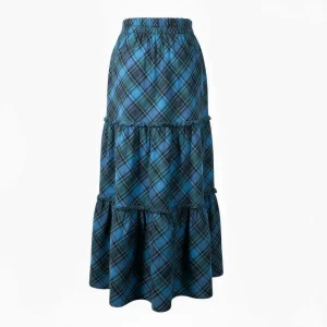 Highland Plaid Tiered Maxi Skirt — A cerulean, teal and forest plaid maxi in two gathered tiers. Waist 26–30 inches, len