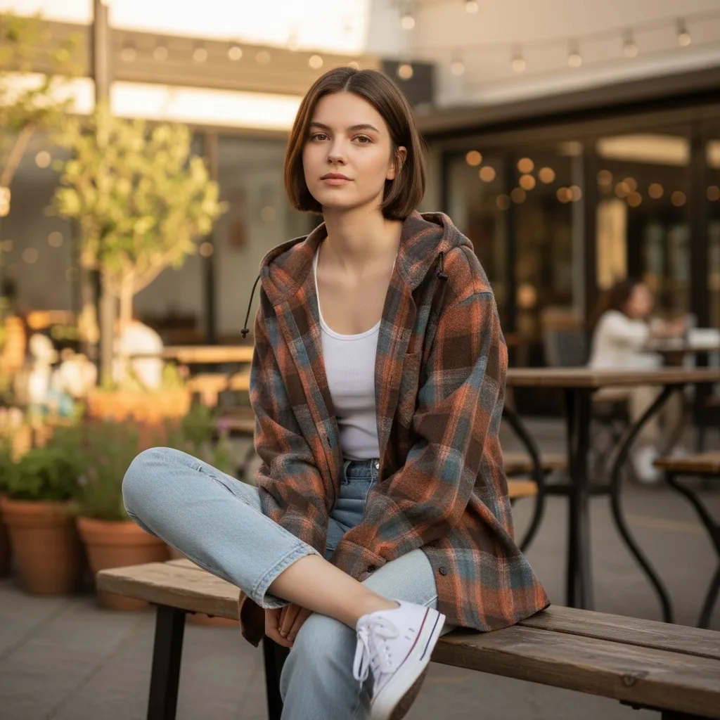 Hooded Flannel Overshirt Hooded Flannel Overshirt — A brushed flannel overshirt with a jersey hood, in a blue, grey and tan check. Chest 52 inche