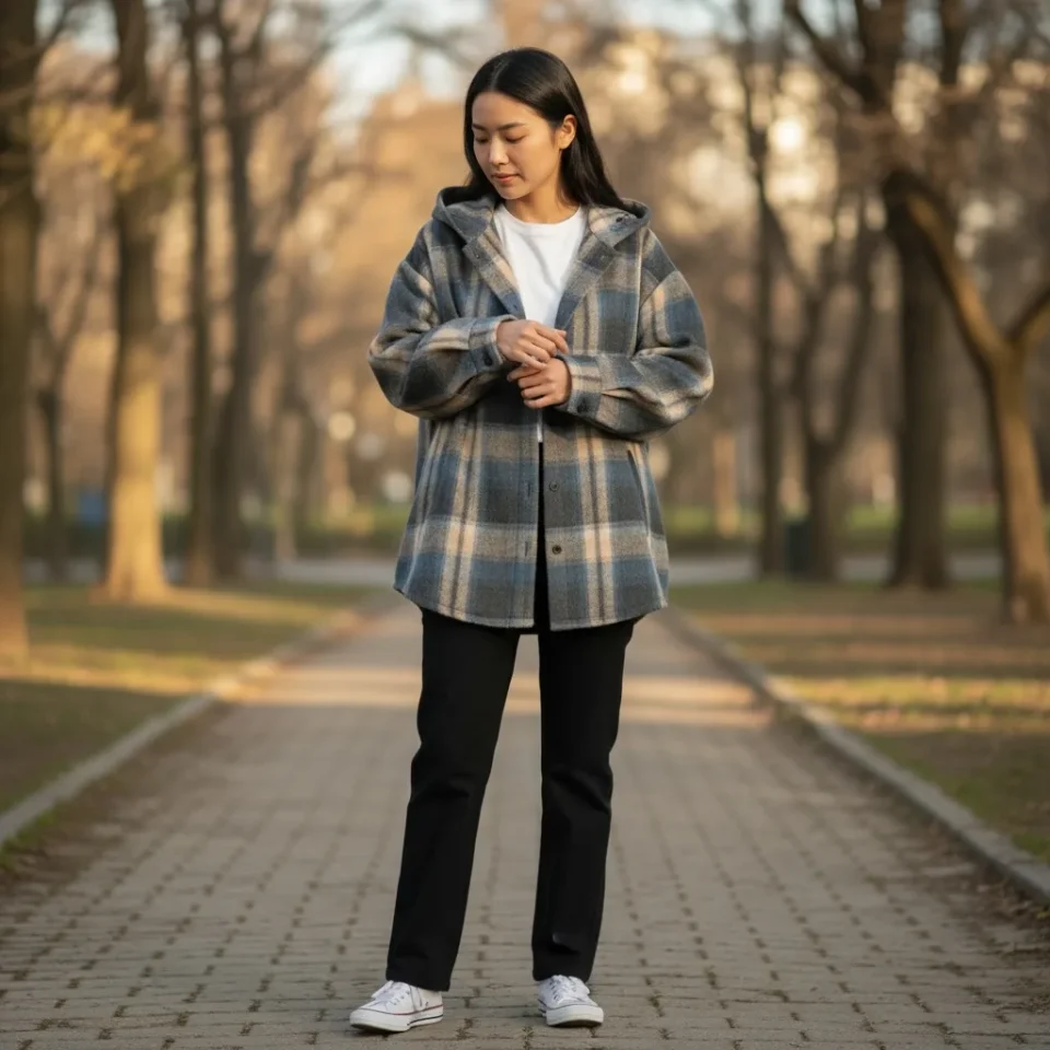 Hooded Flannel Overshirt — A brushed flannel overshirt with a jersey hood, in a blue, grey and tan check. Chest 52 inche