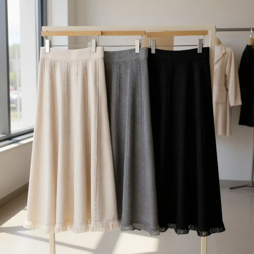 Knitted Fringe Midi Skirt