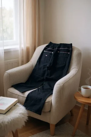 Midnight Wide-Leg Jeans — Deep indigo wide-leg jeans cut high at the waist and falling straight and full to the hem. Cut