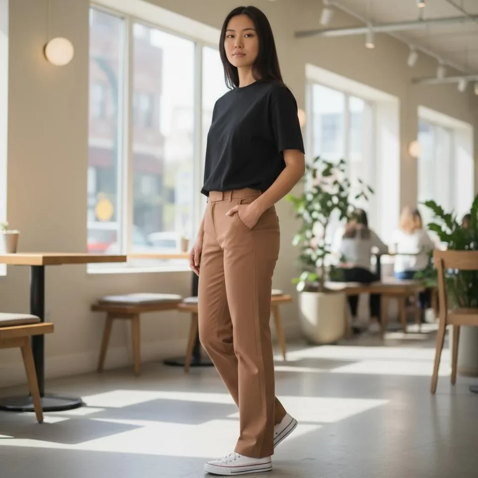 Tailored Camel Stretch Trousers — Camel-brown trousers in a smooth stretch blend, mid-to-high rise with a straight ankle
