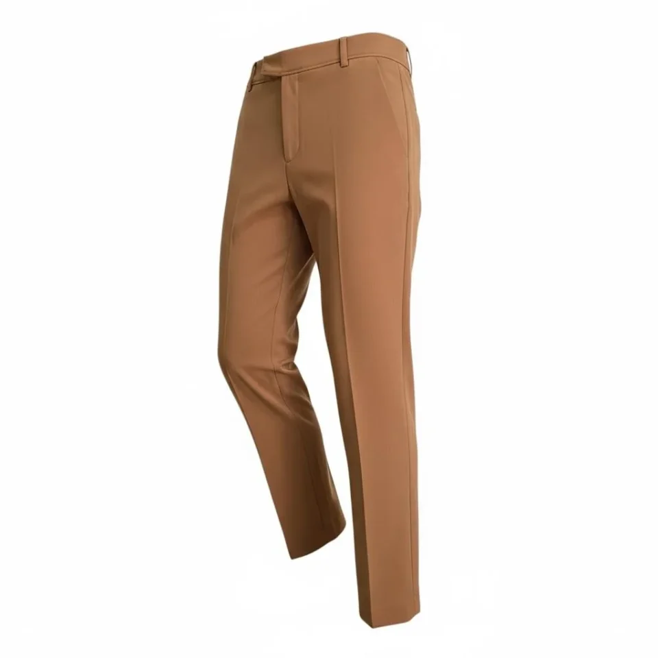 Tailored Camel Stretch Trousers — Camel-brown trousers in a smooth stretch blend, mid-to-high rise with a straight ankle