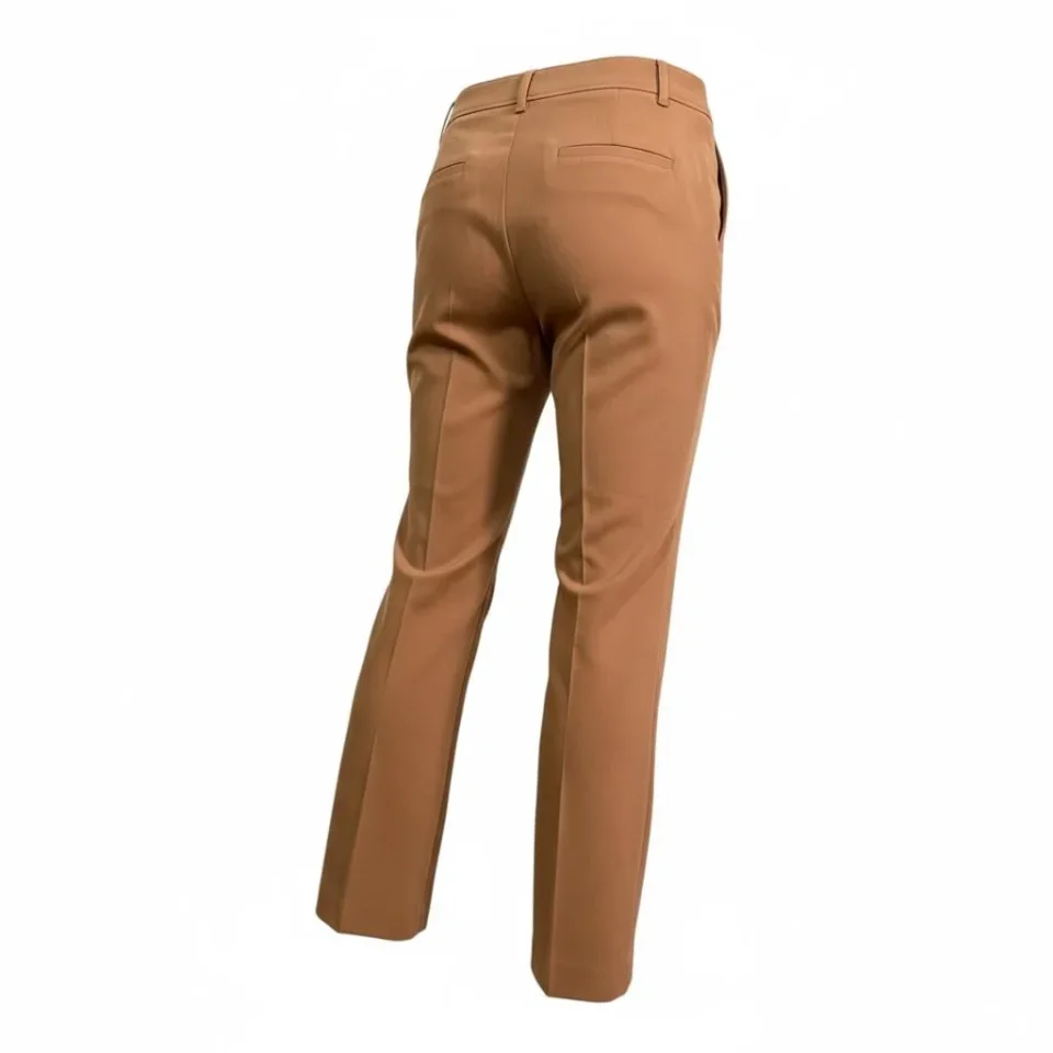 Tailored Camel Stretch Trousers — Camel-brown trousers in a smooth stretch blend, mid-to-high rise with a straight ankle