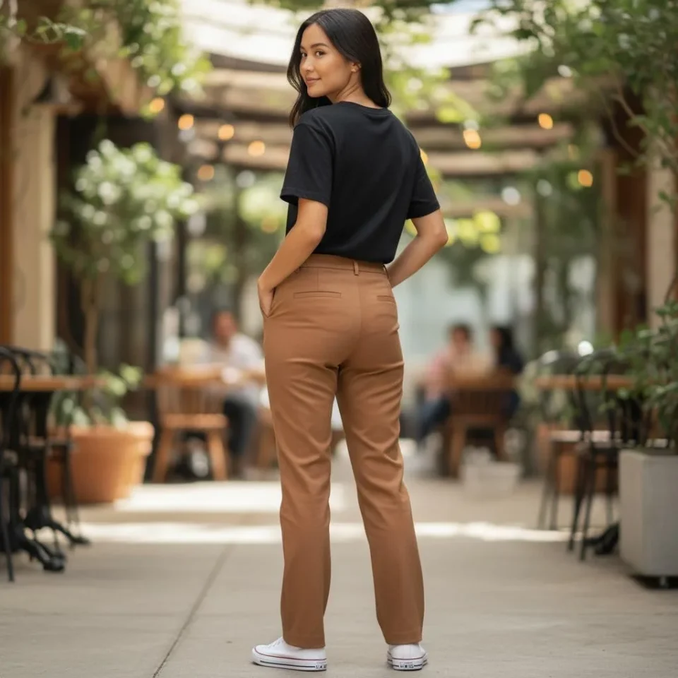 Tailored Camel Stretch Trousers — Camel-brown trousers in a smooth stretch blend, mid-to-high rise with a straight ankle