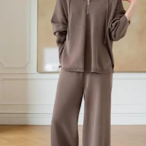 Rib-Knit Hooded Lounge Set — A half-zip hooded rib-knit top with matching wide-leg trousers. Mocha, black or beige. One 