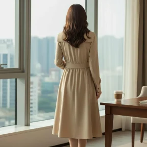Sailor Collar Midi Dress — A warm beige midi with an oversized sailor collar, a self-tie belt, an exposed front zip and 