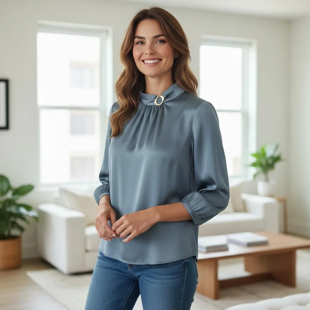 Satin Crest Blouse Satin Crest Blouse — A satin blouse with a crest motif, cut loose with a soft drape. Sized M–L.