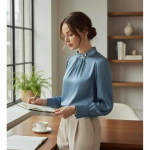 Satin Crest Blouse — A satin blouse with a crest motif, cut loose with a soft drape. Sized M–L.