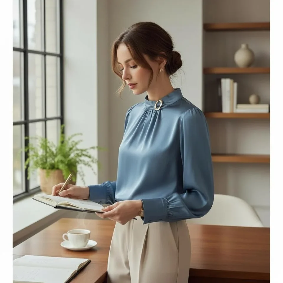 Satin Crest Blouse — A satin blouse with a crest motif, cut loose with a soft drape. Sized M–L.