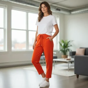 Cashmere-Blend Knit Jogger — Soft cashmere-blend joggers with deep side pockets and a drawstring waist. Waist 24–34, ris