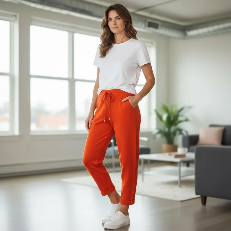 Cashmere-Blend Knit Jogger — Soft cashmere-blend joggers with deep side pockets and a drawstring waist. Waist 24–34, ris