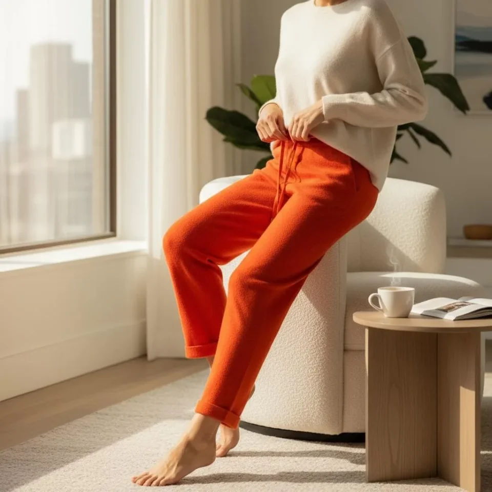 Cashmere-Blend Knit Jogger — Soft cashmere-blend joggers with deep side pockets and a drawstring waist. Waist 24–34, ris