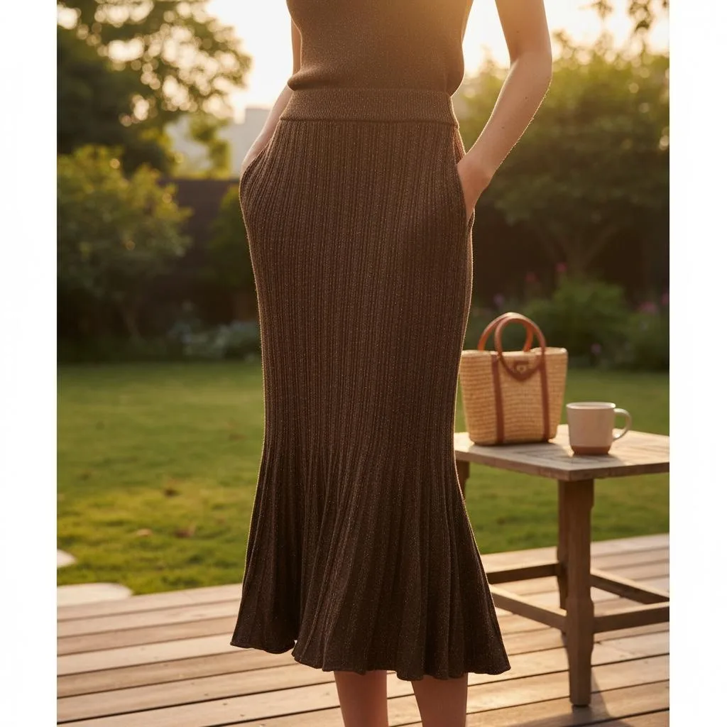 Mermaid Hem Ribbed Knit Skirt Mermaid Hem Ribbed Knit Skirt — A ribbed knit midi in warm brown with a flared mermaid hem and a faint allover shimmer.