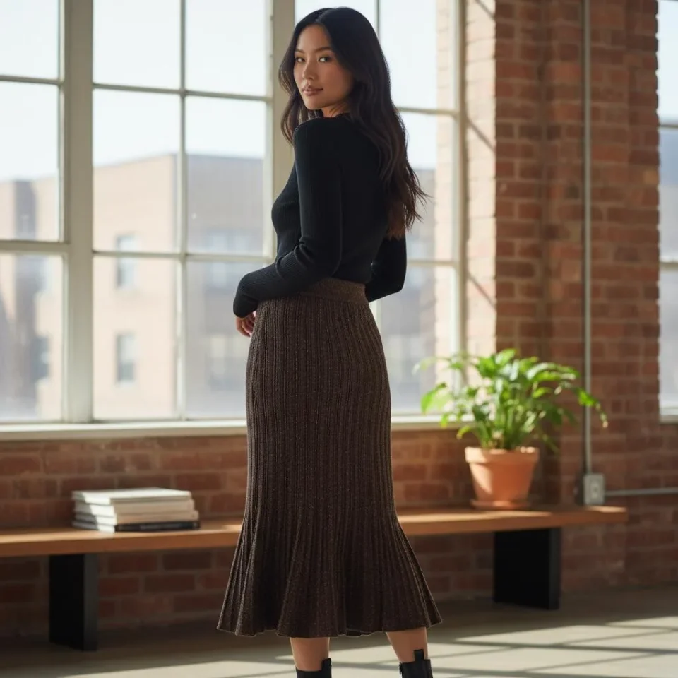 Mermaid Hem Ribbed Knit Skirt — A ribbed knit midi in warm brown with a flared mermaid hem and a faint allover shimmer.