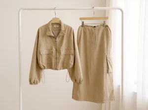 Utility Jacket and Cargo Skirt Set — A cropped zip-front utility jacket with chest pockets and a matching midi skirt wit